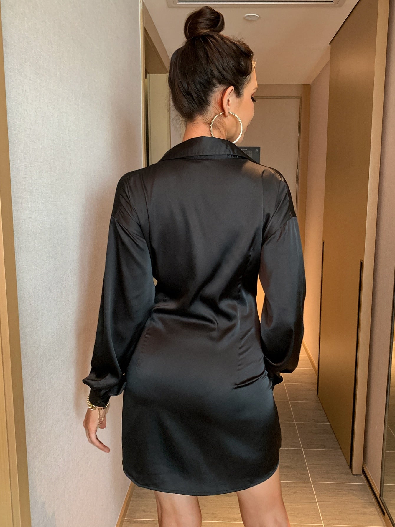 Button Up Wrap Tie Front Sexy Satin Shirt Dress