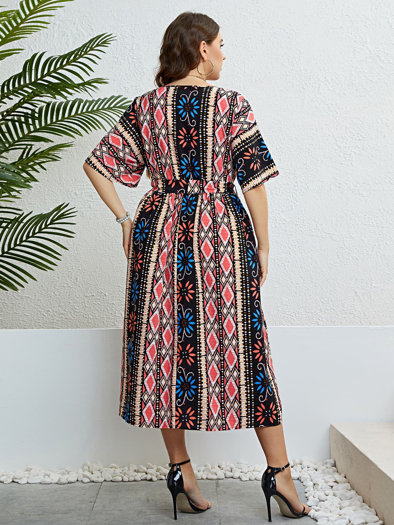 Plus Size Bohemian Tie Belt Midi Dress