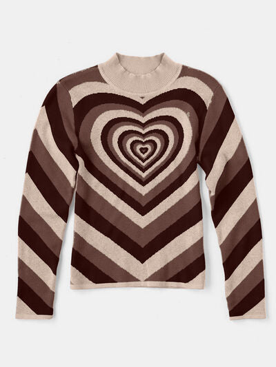 Retro Hearts on a Mock Neck Long Sleeve Sweater
