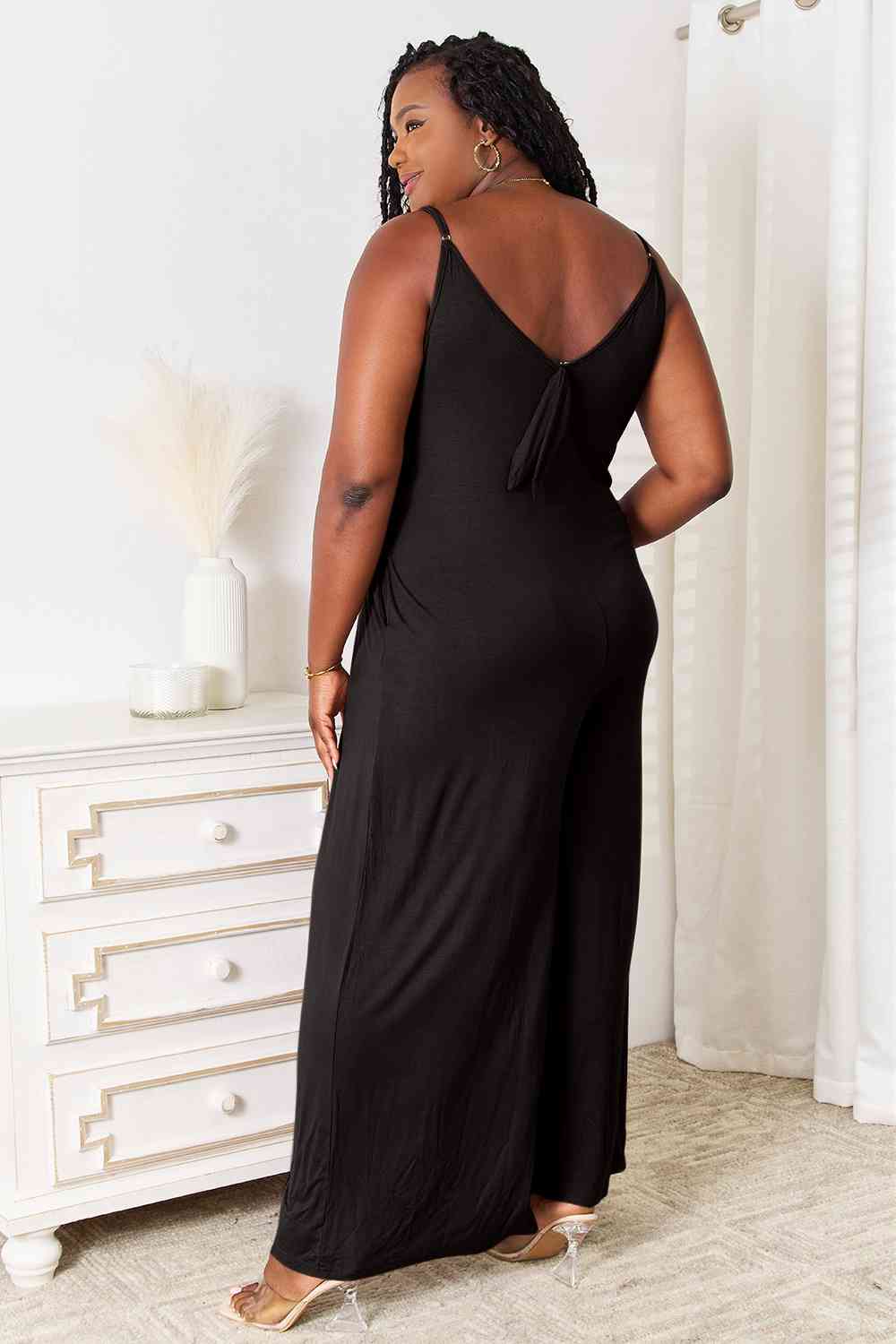 Soft Rayon Spaghetti Strap Wide Leg Jumpsuit With Pockets