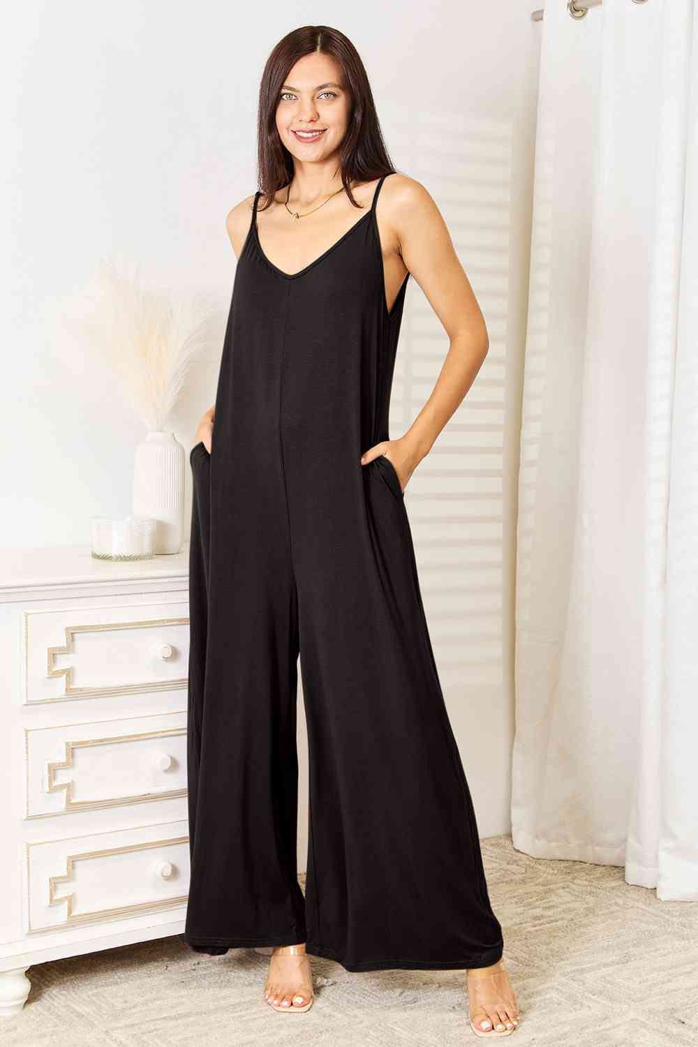 Soft Rayon Spaghetti Strap Wide Leg Jumpsuit With Pockets