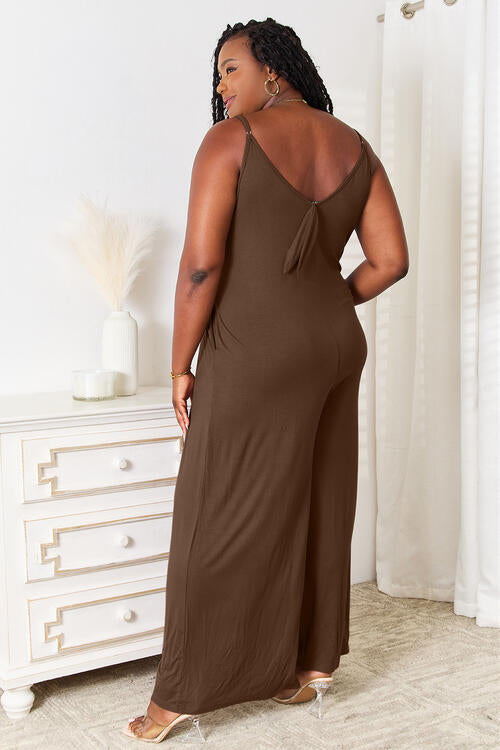Soft Rayon Spaghetti Strap Wide Leg Jumpsuit With Pockets