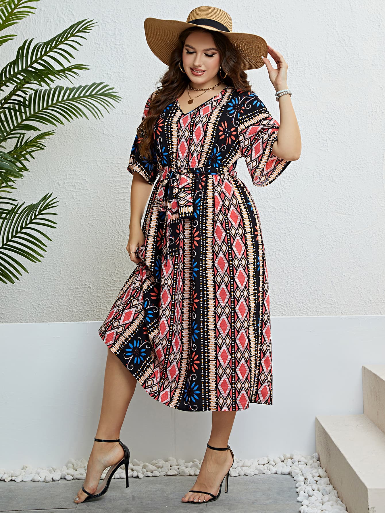 Plus Size Bohemian Tie Belt Midi Dress