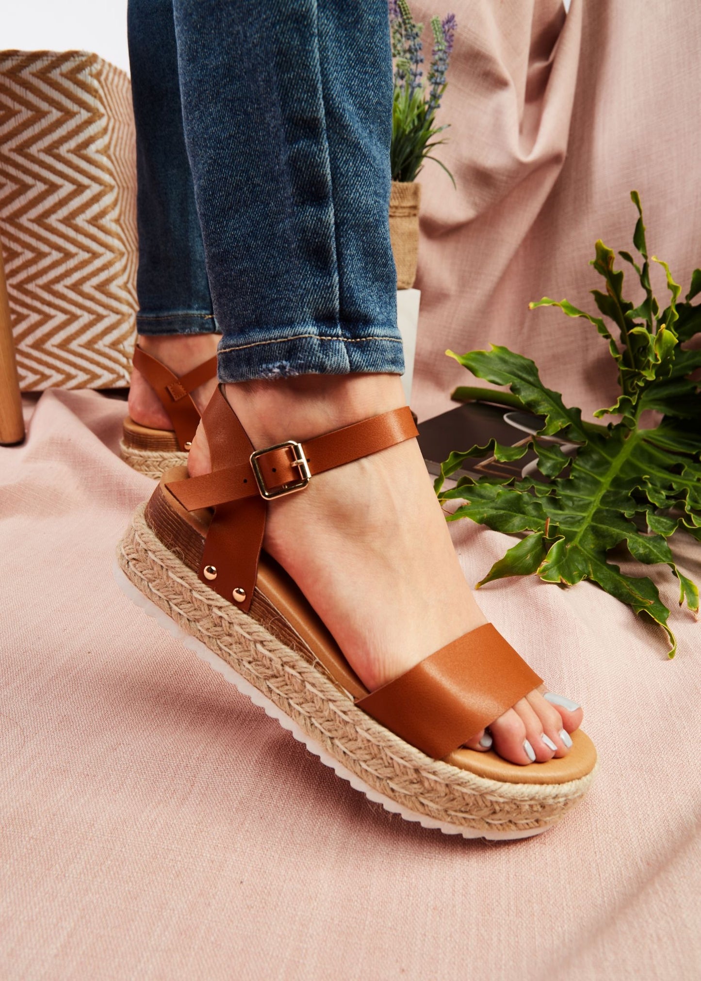 Veronica Cognac Flat Wedge Sandals