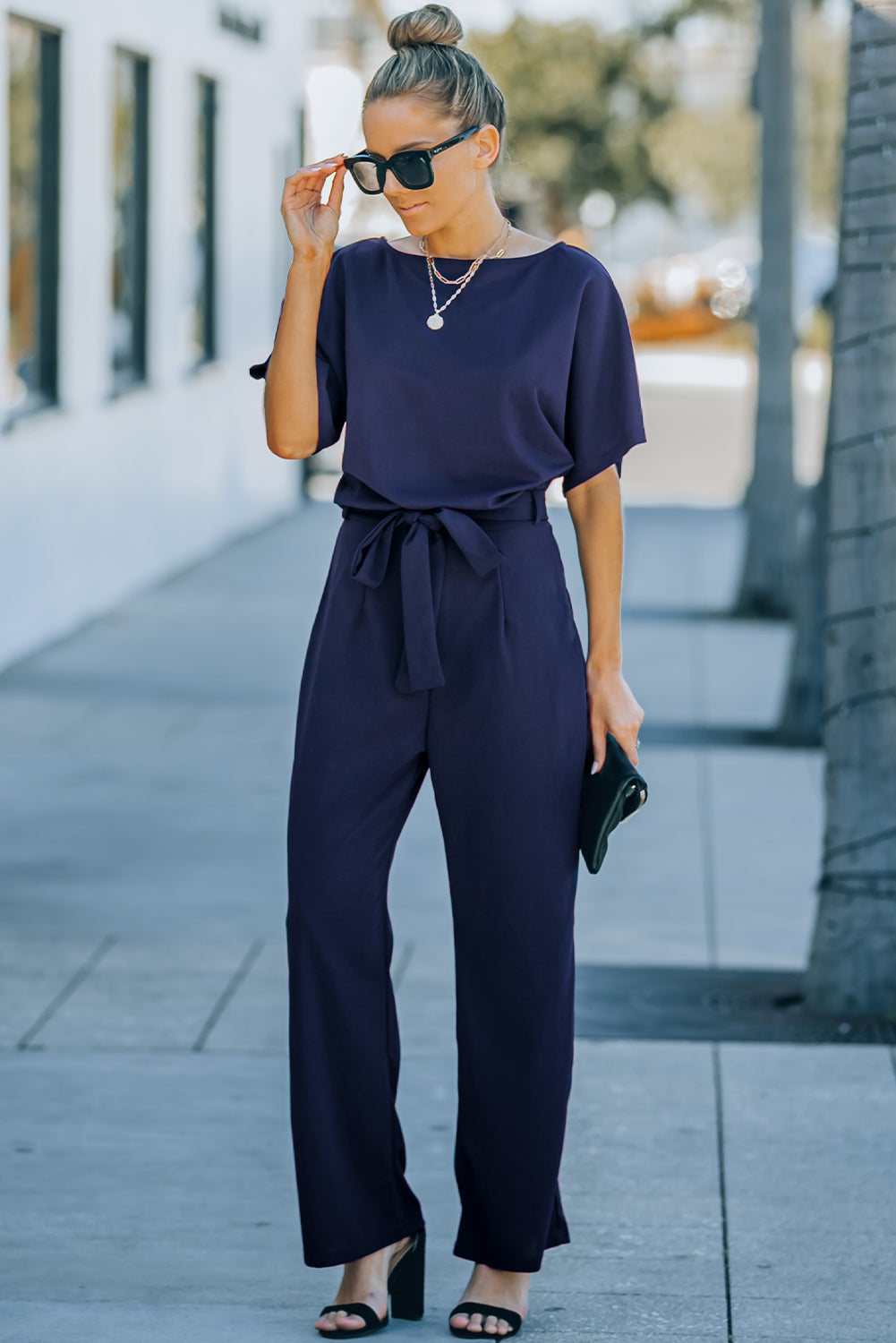 Side Tie Up Waist Straight Leg Jumpsuit