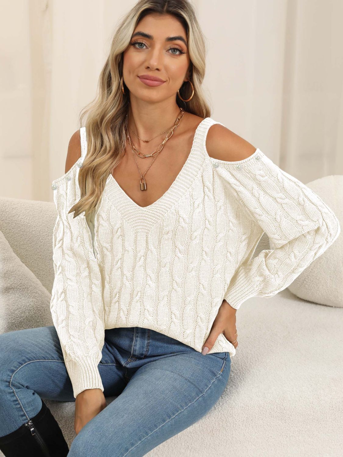 Cable-Knit Double Cold Shoulder Sweater
