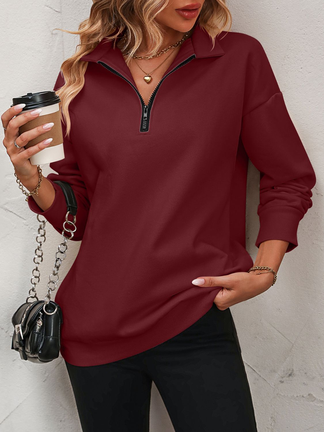 Half Zip-Up Dropped Shoulder Pullover Sweatshirt