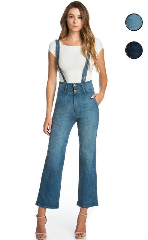 High Waist Flare Denim Capri With Suspenders