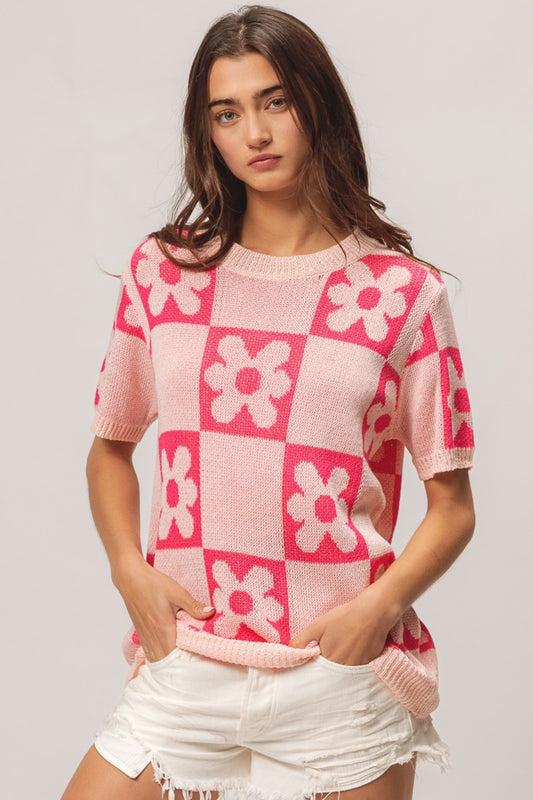 BiBi Checkered Board Pattern Short Sleeve Sweater Blouse