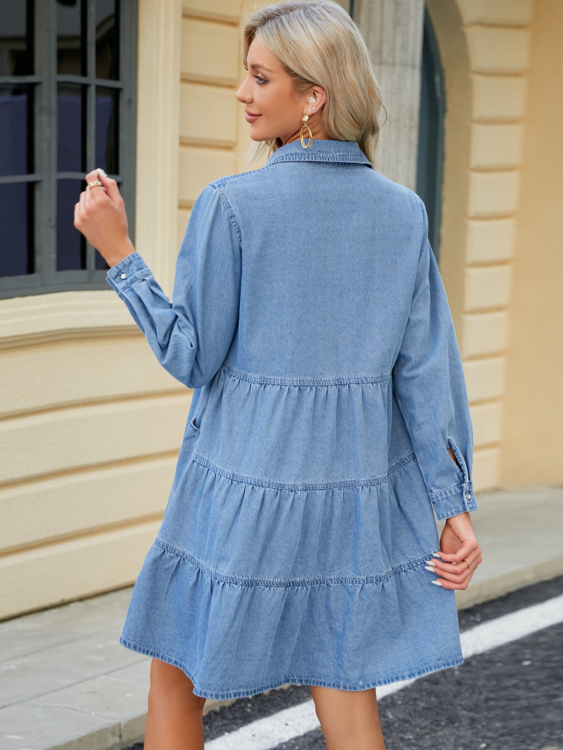 venus denim dress Whip Stitch Mini | Medium Wash while the tie waist flatters your shape just right Tiered Button Up Long Sleeve