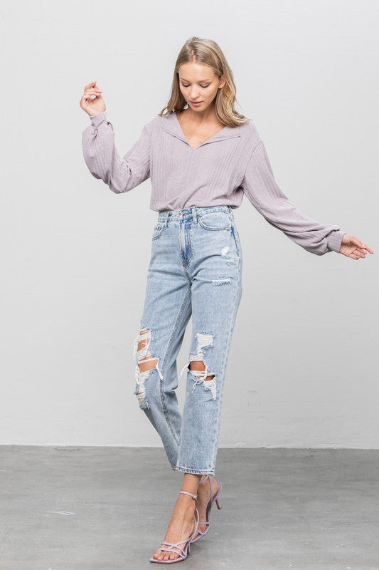 High Rise Thigh  Ripped Girlfriend Capri Jean Pants