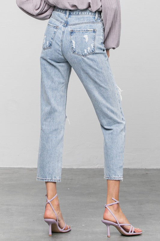 High Rise Thigh  Ripped Girlfriend Capri Jean Pants