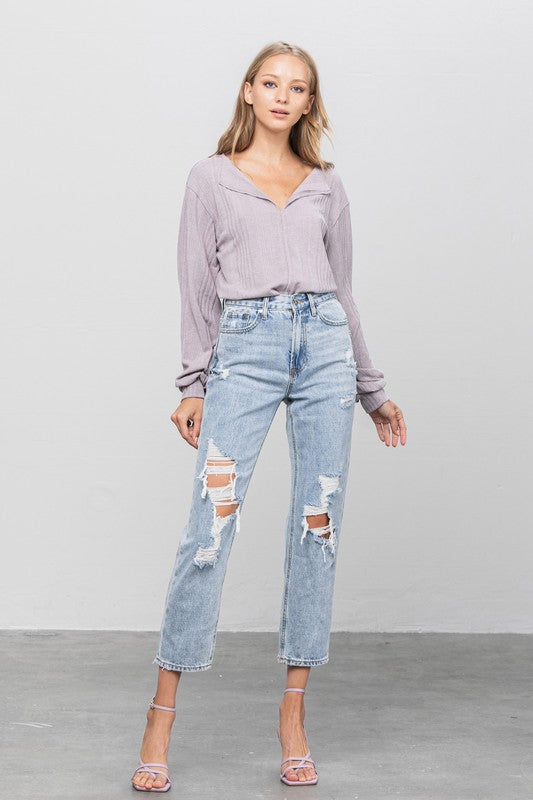 High Rise Thigh  Ripped Girlfriend Capri Jean Pants
