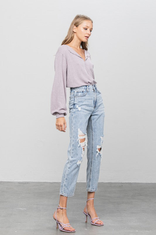 High Rise Thigh  Ripped Girlfriend Capri Jean Pants