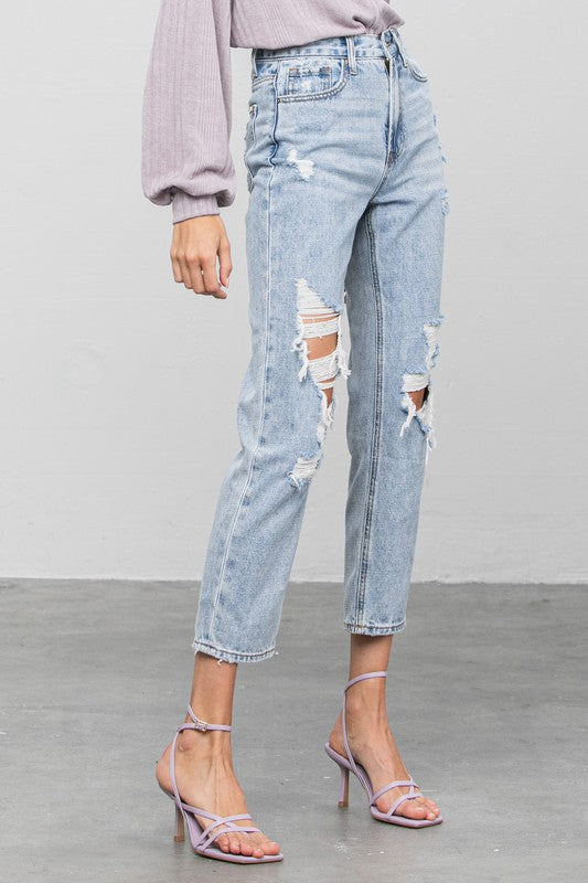 High Rise Thigh  Ripped Girlfriend Capri Jean Pants