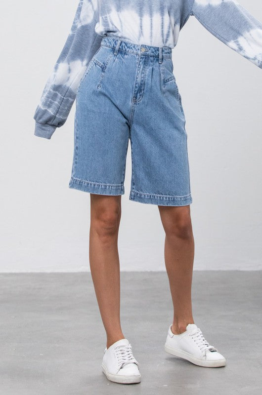 Pleated Casual Denim Shorts
