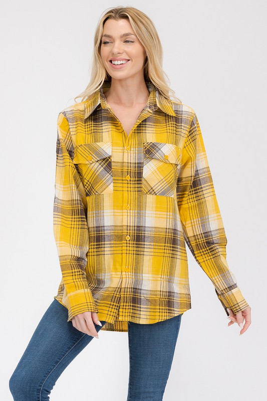 Women Button Up Plaid Long Sleeve Collard Shirt