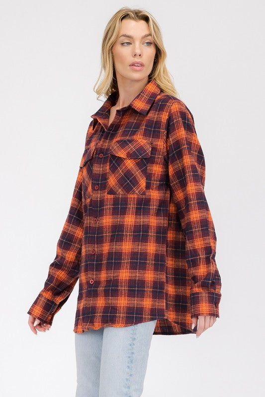 Women Button Up Plaid Long Sleeve Collard Shirt