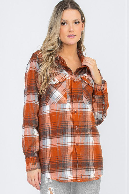 Women Button Up Plaid Long Sleeve Collard Shirt