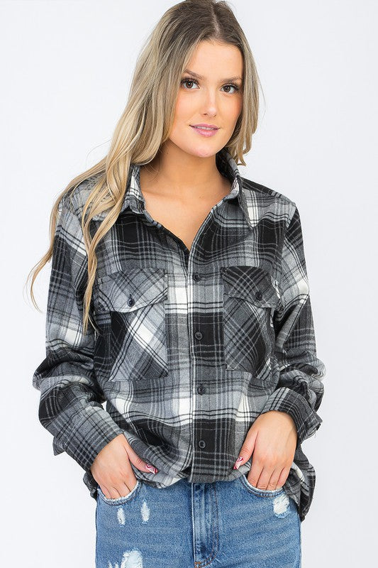 Women Button Up Plaid Long Sleeve Collard Shirt