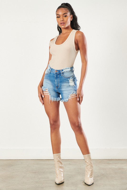 Cheek Out Denim Frayed Hem Short