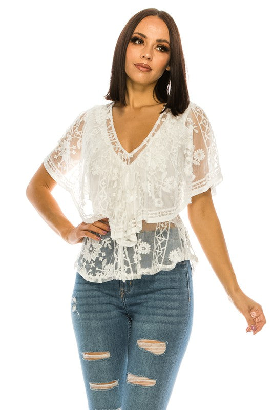 Lace And Ruffles V Neck White Top
