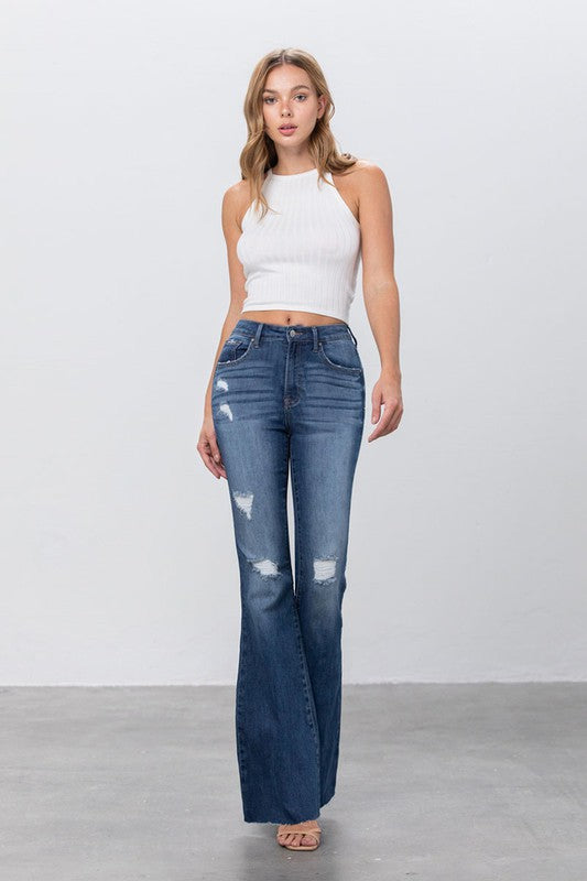 Mid Rise Dark Blue Wash Flare Jeans