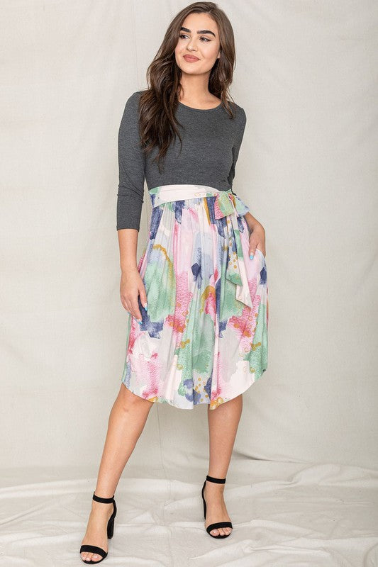 Two Tone Sash Midi Dress