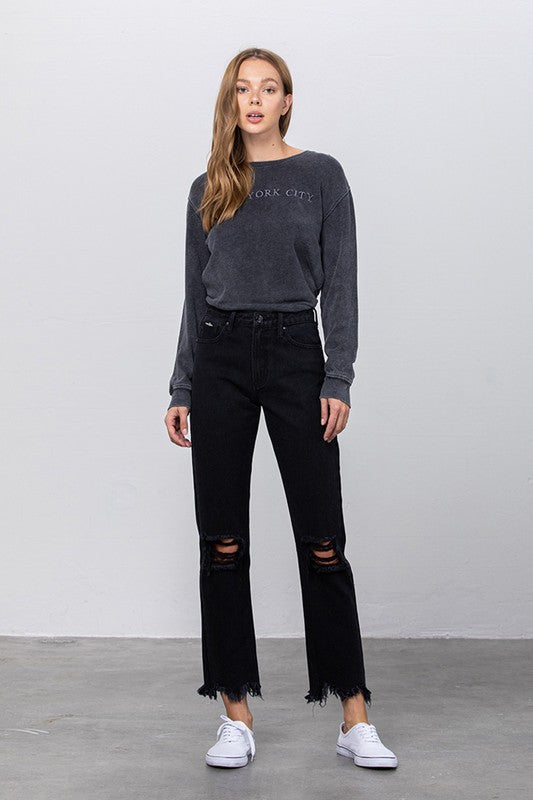 Destroyed Knee Straight Leg Jean Capris