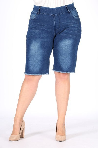 Hi-Waist Distressed Denim Bermuda Shorts