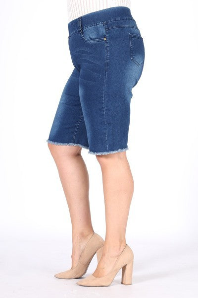 Hi-Waist Distressed Denim Bermuda Shorts