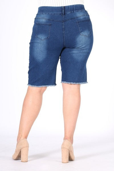 Hi-Waist Distressed Denim Bermuda Shorts