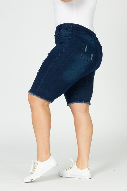Plus Hi-Waist Distressed Bermuda Denim Shorts
