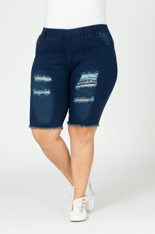 Plus Hi-Waist Distressed Bermuda Denim Shorts