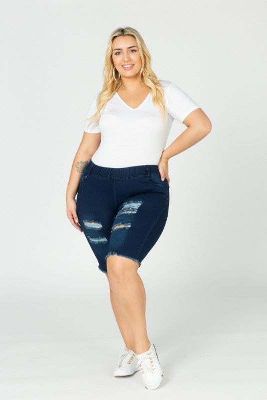 Plus Hi-Waist Distressed Bermuda Denim Shorts
