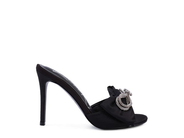 Crystal Bow on Satin High Heel Slide In  Sandals