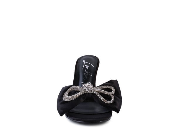 Crystal Bow on Satin High Heel Slide In  Sandals