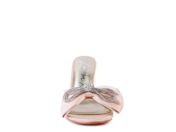 Crystal Bow on Satin High Heel Slide In  Sandals