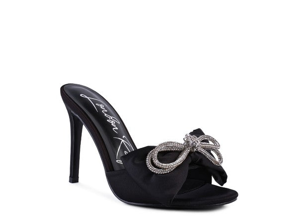 Crystal Bow on Satin High Heel Slide In  Sandals