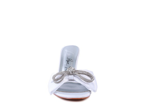 Crystal Bow on Satin High Heel Slide In  Sandals