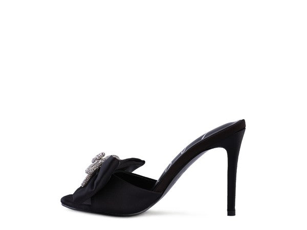 Crystal Bow on Satin High Heel Slide In  Sandals