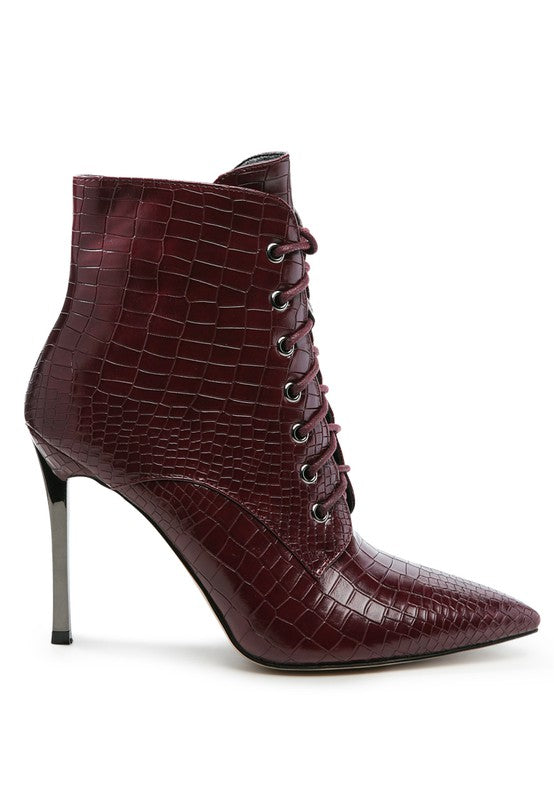 Escala Croc Lace Up Stiletto Heel Boot