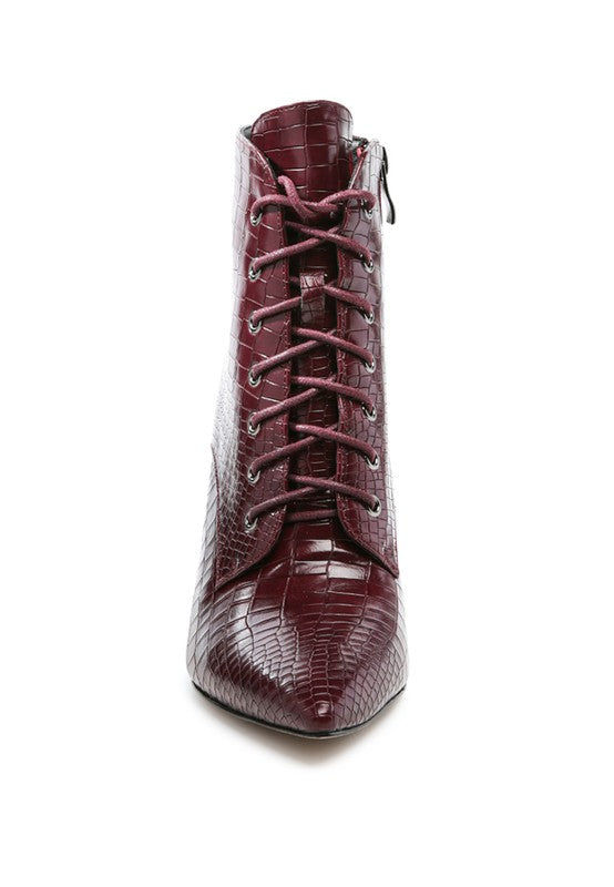 Escala Croc Lace Up Stiletto Heel Boot
