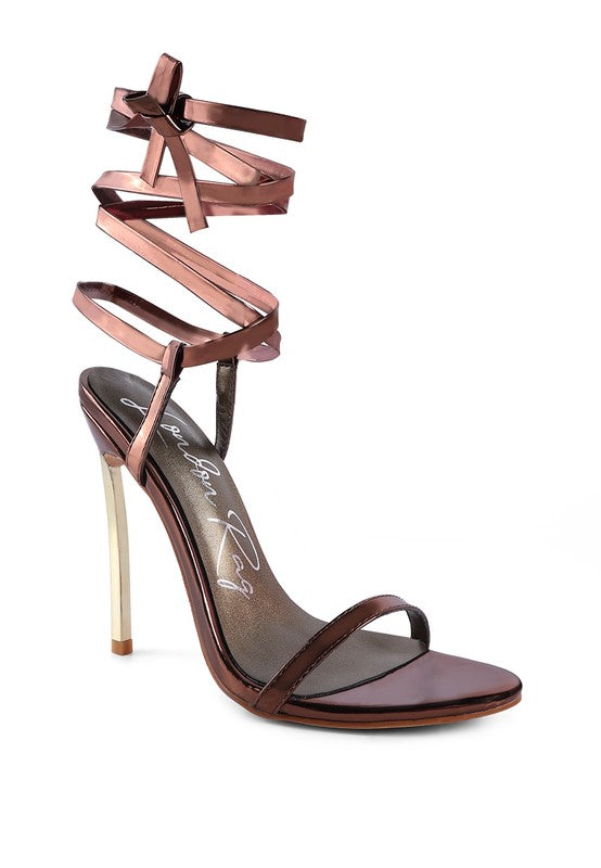 Wrap Around Leg Silver Stiletto Heel Sandals