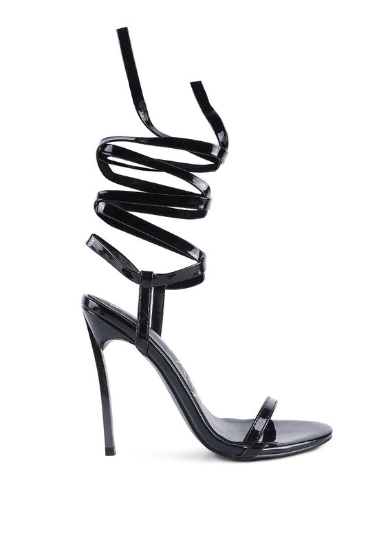 Wrap Around Leg Silver Stiletto Heel Sandals