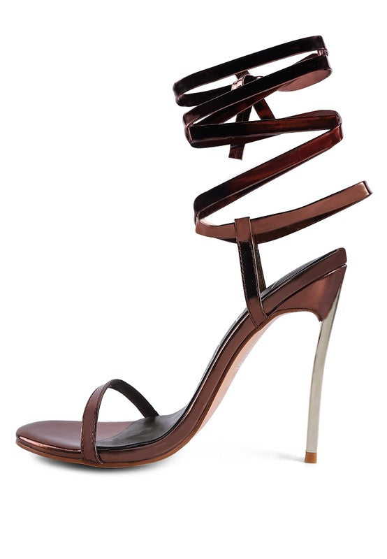 Wrap Around Leg Silver Stiletto Heel Sandals