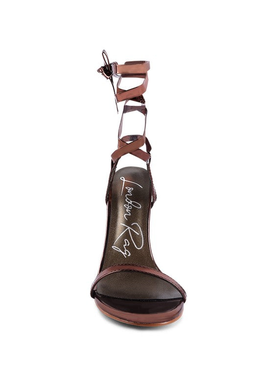 Wrap Around Leg Silver Stiletto Heel Sandals