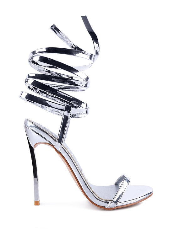 Wrap Around Leg Silver Stiletto Heel Sandals