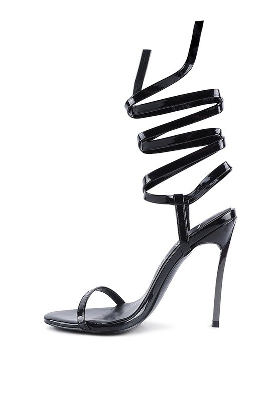Wrap Around Leg Silver Stiletto Heel Sandals