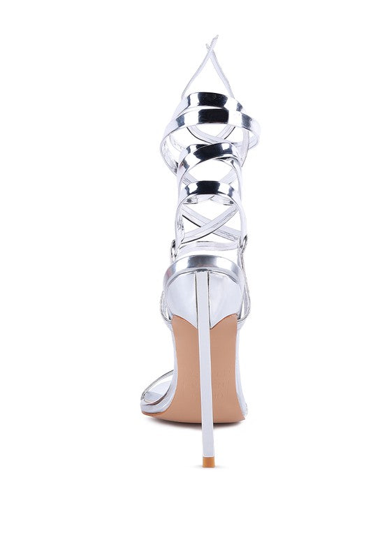 Wrap Around Leg Silver Stiletto Heel Sandals
